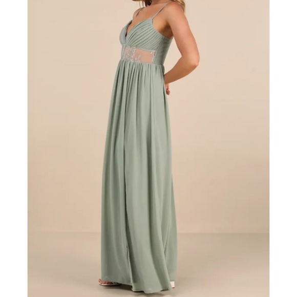 Lulus Kaylin Sage Green Pleated Lace/Empire Waist Maxi Dress Formal Evening Gown - Picture 3 of 12